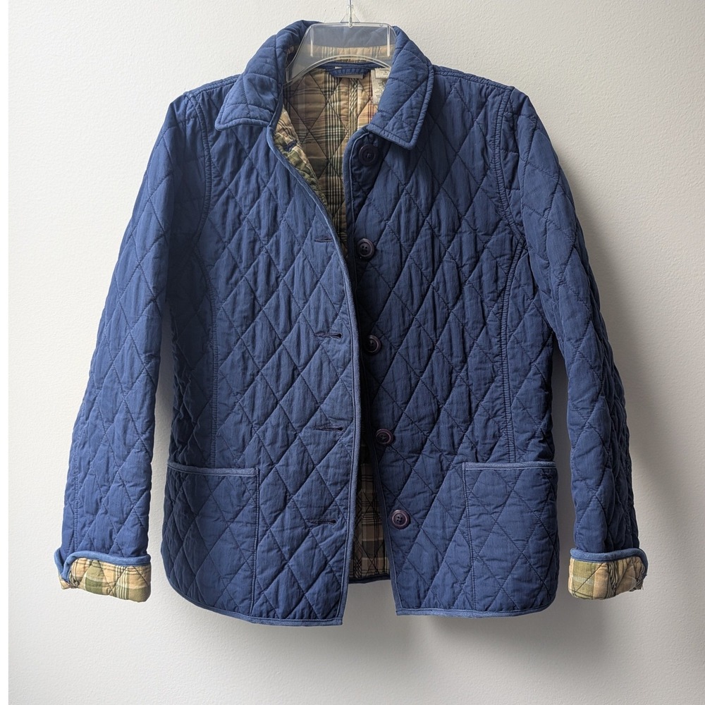 L.L. Bean Quilted Barn Jacket Navy Blue Plaid Lined Sz SP Heritage Utility